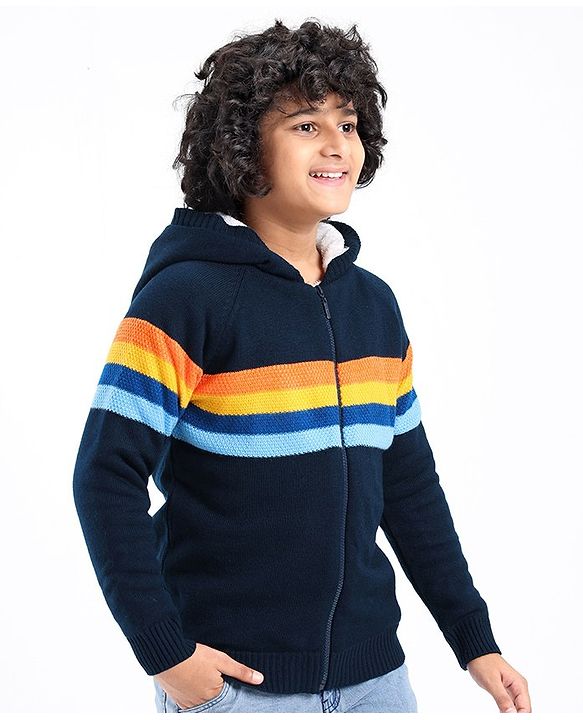 Pine Kids Full Sleeves Hooded Sweater with Zipper & Multicolour Stripes Design - Navy Blue