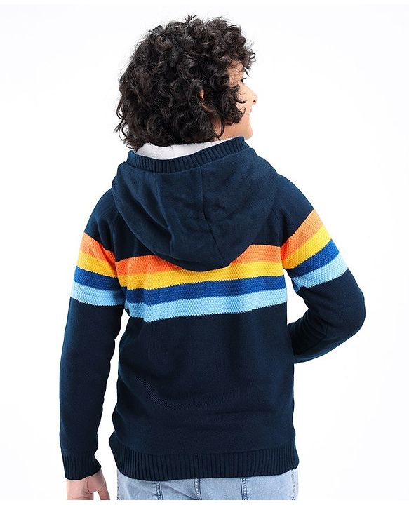 Pine Kids Full Sleeves Hooded Sweater with Zipper & Multicolour Stripes Design - Navy Blue