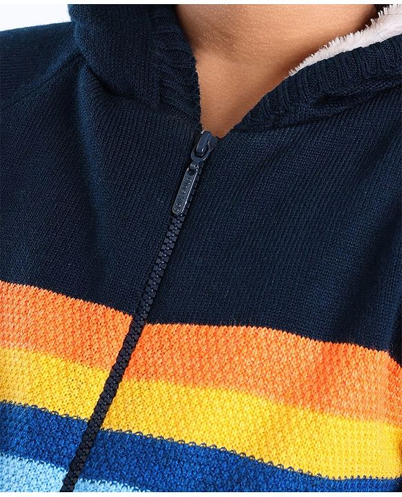 Pine Kids Full Sleeves Hooded Sweater with Zipper & Multicolour Stripes Design - Navy Blue