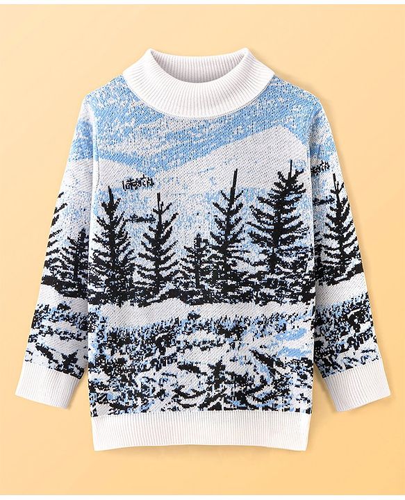 Pine Kids Knit Full Sleeves Intarsia Design Turtle Neck Sweater - White