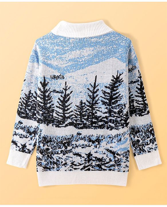 Pine Kids Knit Full Sleeves Intarsia Design Turtle Neck Sweater - White