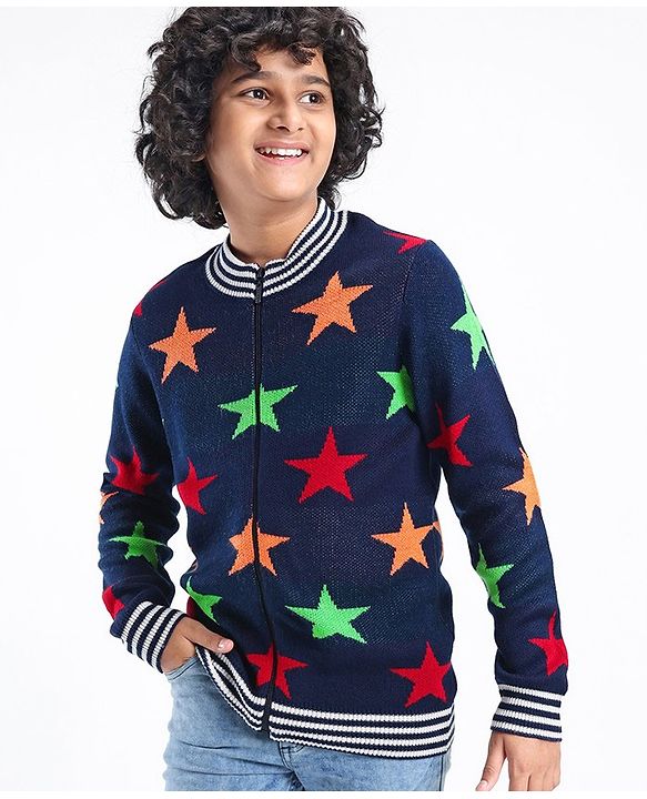 Pine Kids Full Sleeves Star Knit Front Open with Zipper Sweater - Navy
