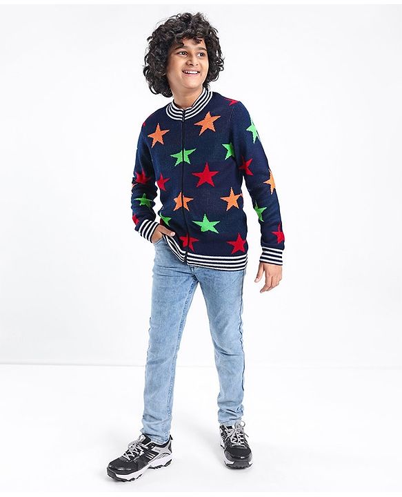 Pine Kids Full Sleeves Star Knit Front Open with Zipper Sweater - Navy