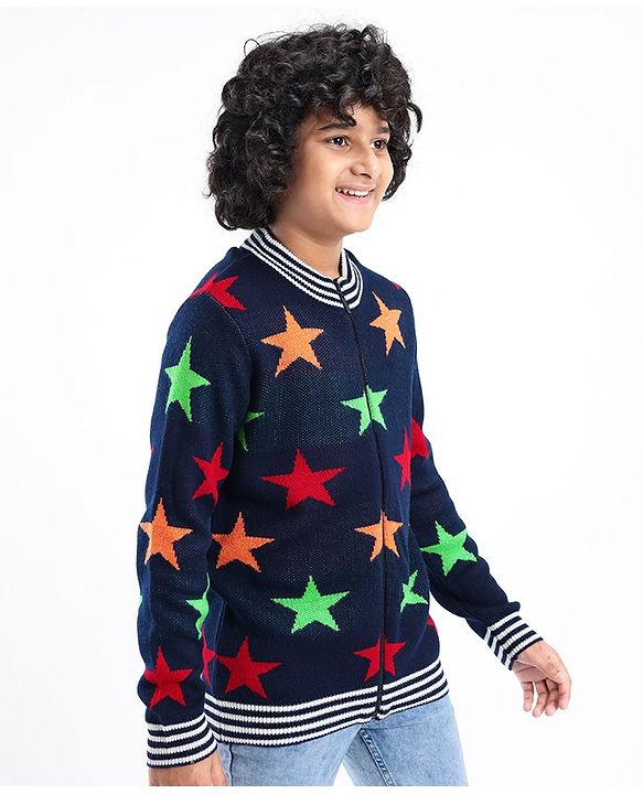 Pine Kids Full Sleeves Star Knit Front Open with Zipper Sweater - Navy