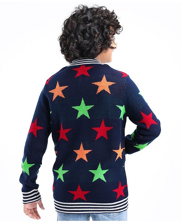Pine Kids Full Sleeves Star Knit Front Open with Zipper Sweater - Navy