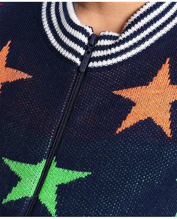 Pine Kids Full Sleeves Star Knit Front Open with Zipper Sweater - Navy