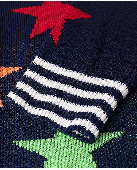 Pine Kids Full Sleeves Star Knit Front Open with Zipper Sweater - Navy