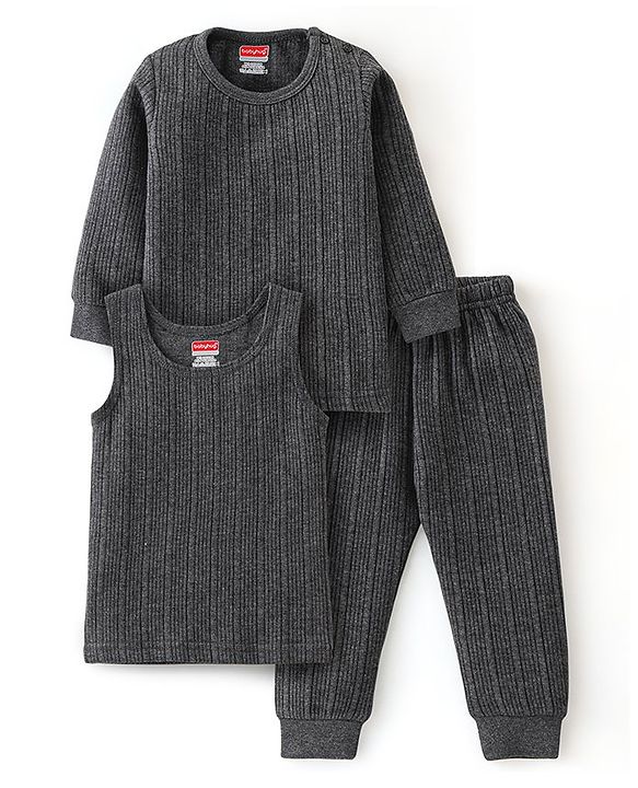 Babyhug Full Sleeves Thermal Wear Pullover Vest & Pant Set Pack Of 3 - Dark Grey