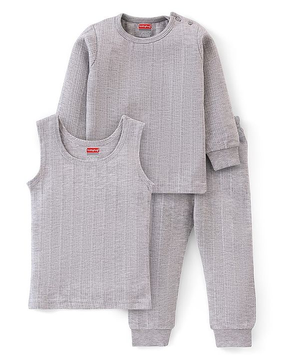 Babyhug Full Sleeves Thermal Wear Pullover Vest & Pant Set - Grey