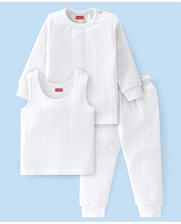 Babyhug Cotton Full Sleeves Solid Color Vest Pullover & Bottom Thermal Wear Combo Pack Of 3 -Off White