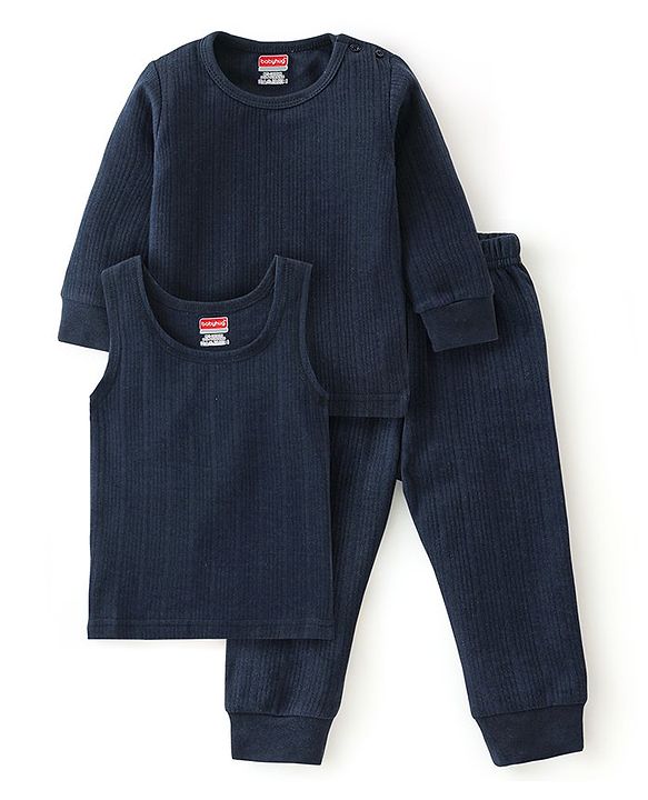 Babyhug Full Sleeves Thermal Wear Pullover Vest & Pant Set - Dark Navy