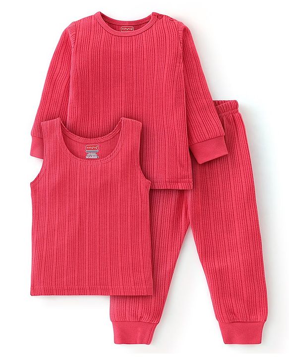 Babyhug Full Sleeves Thermal Wear Pullover Vest & Pant Set - Coral