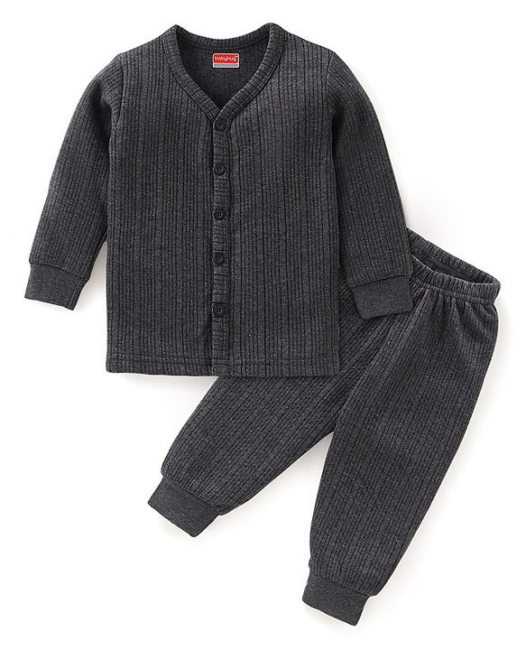 Babyhug Cotton Full Sleeves Thermal Vest & Legging Set Solid Colour - Dark Grey