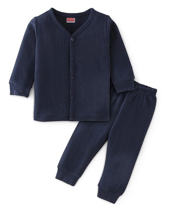 Babyhug Full Sleeves Solid Thermal Vest & Pajama Set - Dark Navy