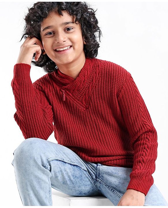 Pine Kids Knit Full Sleeves Shawl Collar Sweater Cable Knit Design - Rust
