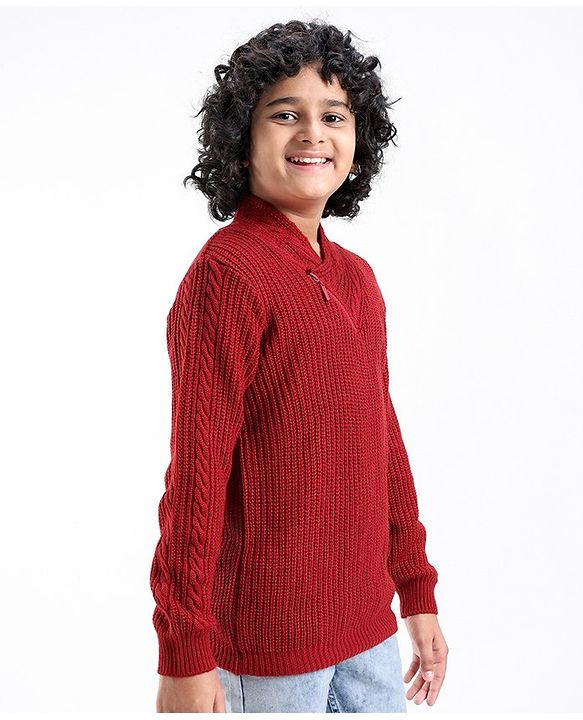 Pine Kids Knit Full Sleeves Shawl Collar Sweater Cable Knit Design - Rust
