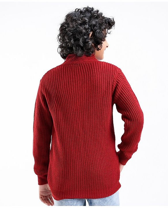 Pine Kids Knit Full Sleeves Shawl Collar Sweater Cable Knit Design - Rust
