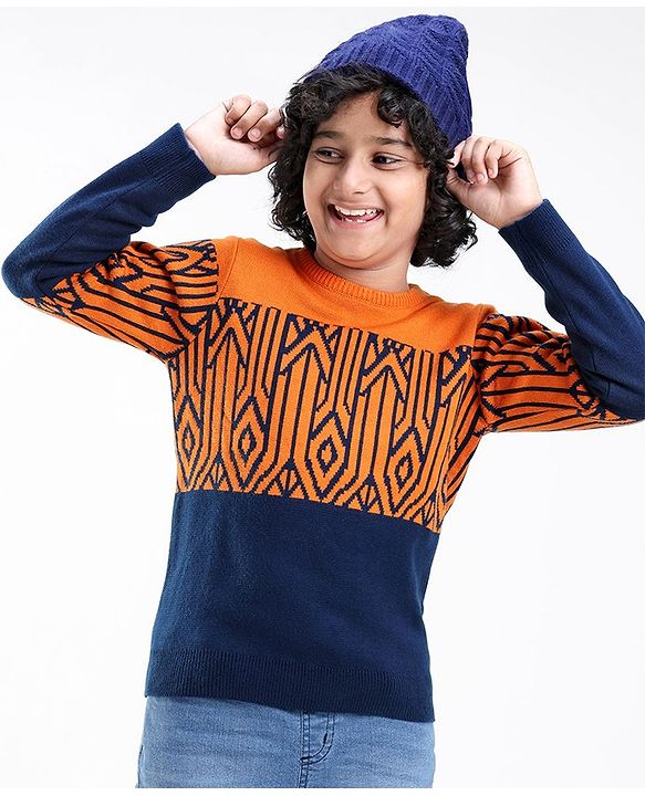 Pine Kids Knit Full Sleeves Abstract Design Sweater - Orange & Black