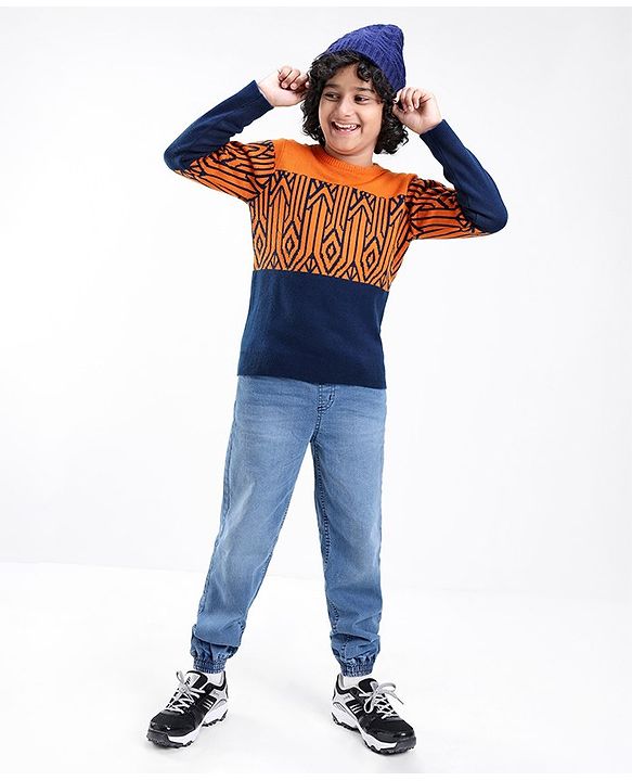 Pine Kids Knit Full Sleeves Abstract Design Sweater - Orange & Black