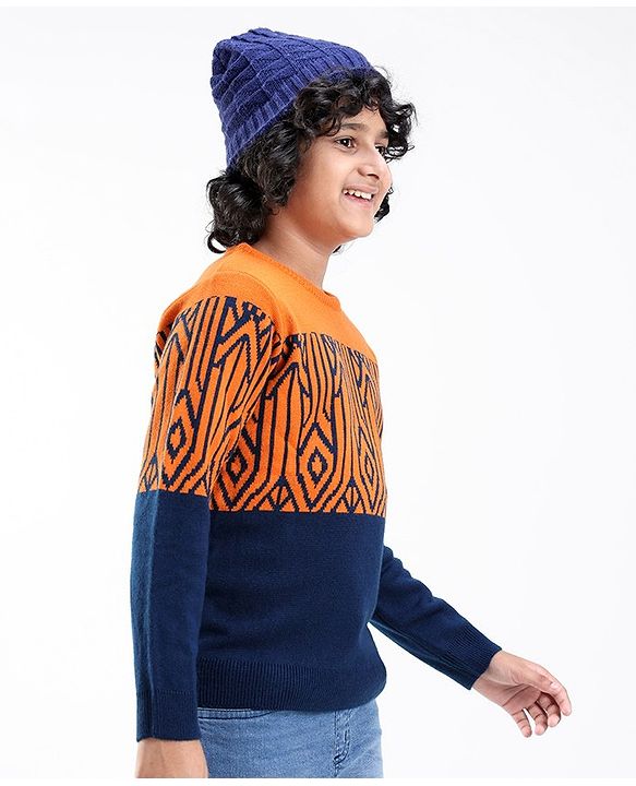 Pine Kids Knit Full Sleeves Abstract Design Sweater - Orange & Black