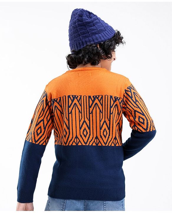 Pine Kids Knit Full Sleeves Abstract Design Sweater - Orange & Black