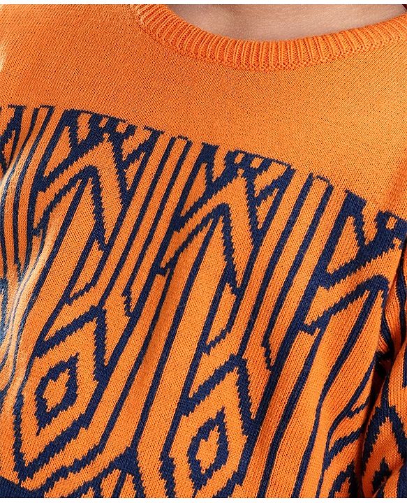 Pine Kids Knit Full Sleeves Abstract Design Sweater - Orange & Black