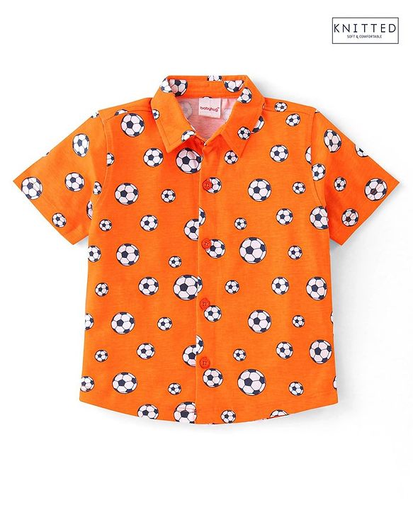Babyhug 100% Cotton Knit Half Sleeves Regular Shirt with Soccer Ball Print - Orange