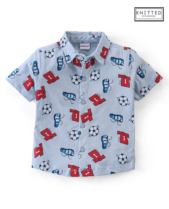 Babyhug Half Sleeve 100% Cotton Knitted Football Printed Shirt - Blue