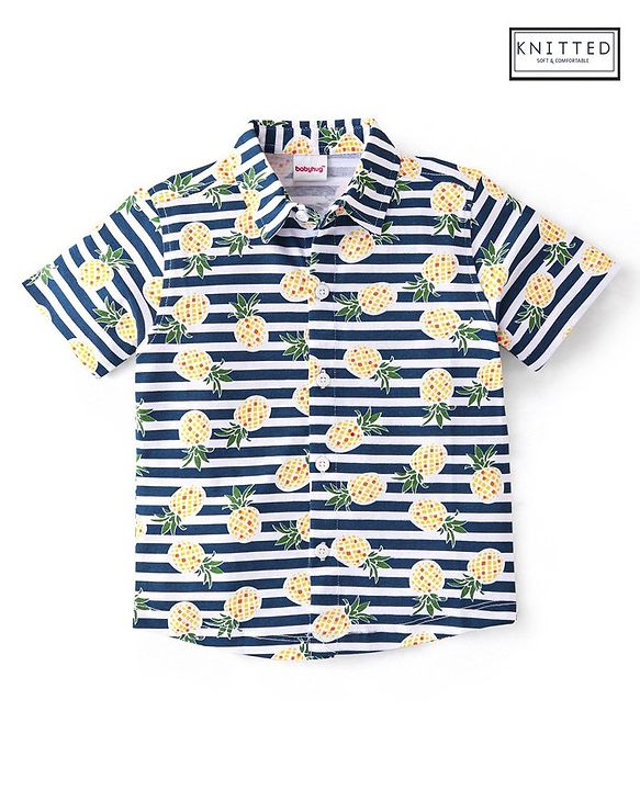 Babyhug 100% Cotton Knitted Half Sleeves Shirt Pineapple Print - Navy Blue