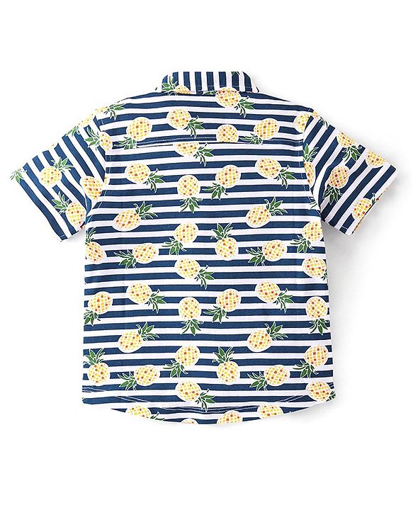 Babyhug 100% Cotton Knitted Half Sleeves Shirt Pineapple Print - Navy Blue