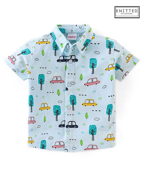 Babyhug Cotton Knit Half Sleeves Regular Collar Shirt Car Print- Blue