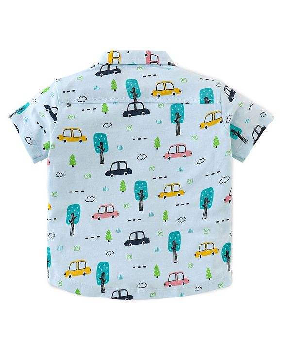 Babyhug Cotton Knit Half Sleeves Regular Collar Shirt Car Print- Blue