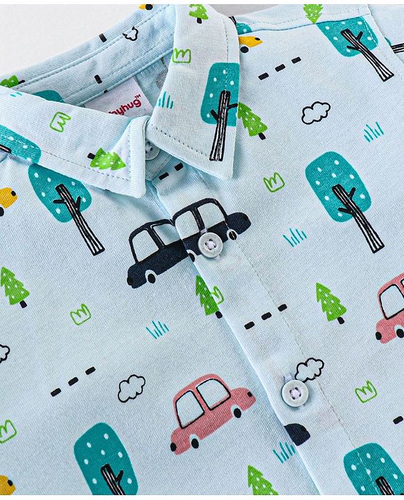 Babyhug Cotton Knit Half Sleeves Regular Collar Shirt Car Print- Blue