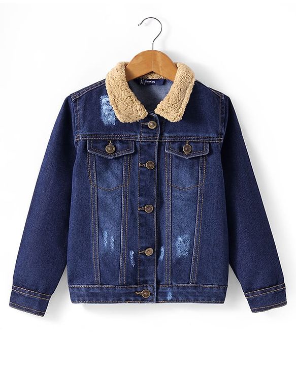 Pine Kids Full Sleeves  Washed Denim Jackets With Furr Collar - Blue