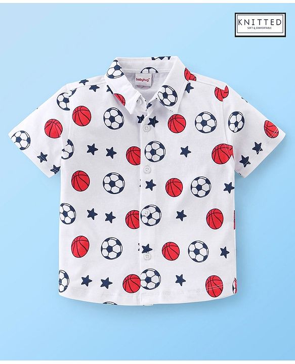 Babyhug 100% Cotton Knitted Half Sleeves Shirt Football Print - White