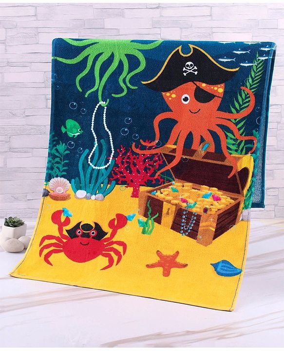Babyhug Cotton Terry Woven Marine Life Print Towel L 101.6 x B 50.8 cm - Blue