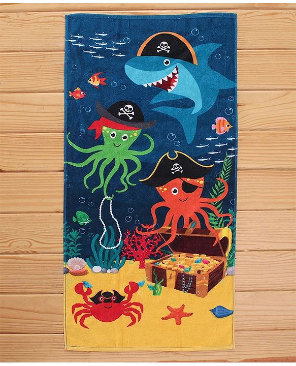 Babyhug Cotton Terry Woven Marine Life Print Towel L 101.6 x B 50.8 cm - Blue