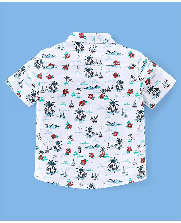 Babyhug Half Sleeves 100% Cotton  Knitted Floral Printed Shirt - White