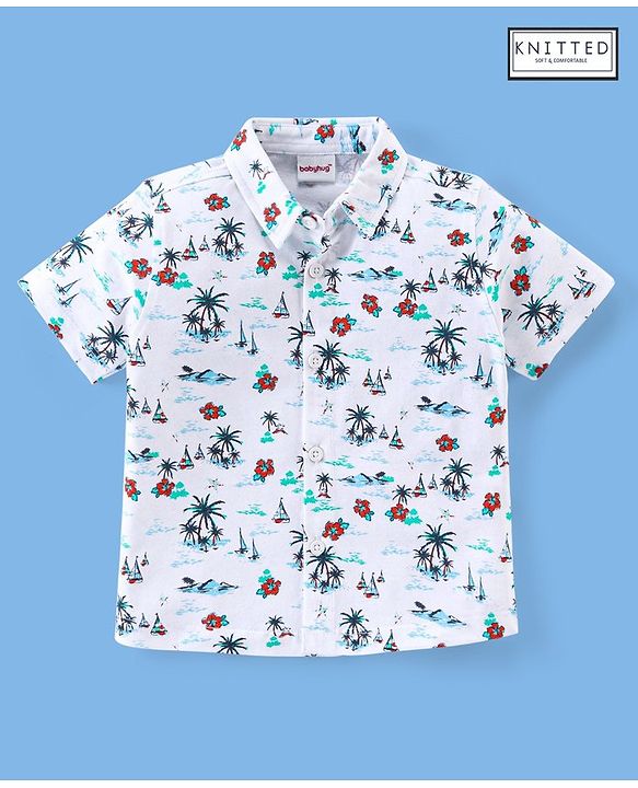 Babyhug Half Sleeves 100% Cotton  Knitted Floral Printed Shirt - White
