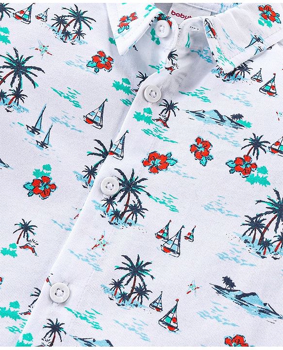 Babyhug Half Sleeves 100% Cotton  Knitted Floral Printed Shirt - White