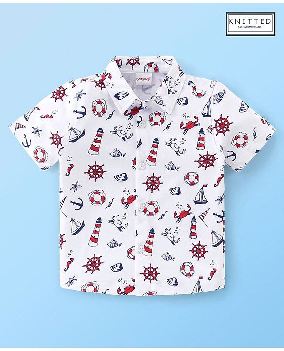 Babyhug 100% Cotton Knitted Half Sleeves Shirt Boat Print - White