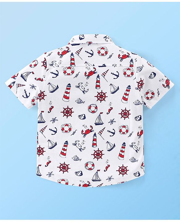 Babyhug 100% Cotton Knitted Half Sleeves Shirt Boat Print - White