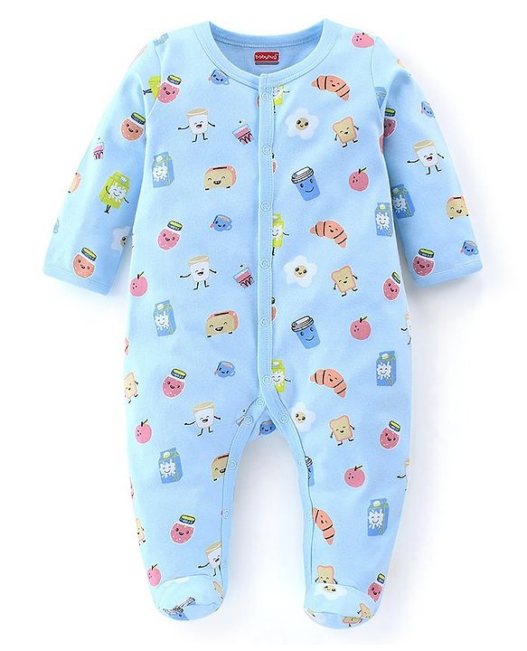 Babyhug Cotton Knit Full Sleeves Footed Sleepsuit Food Print - Light Blue