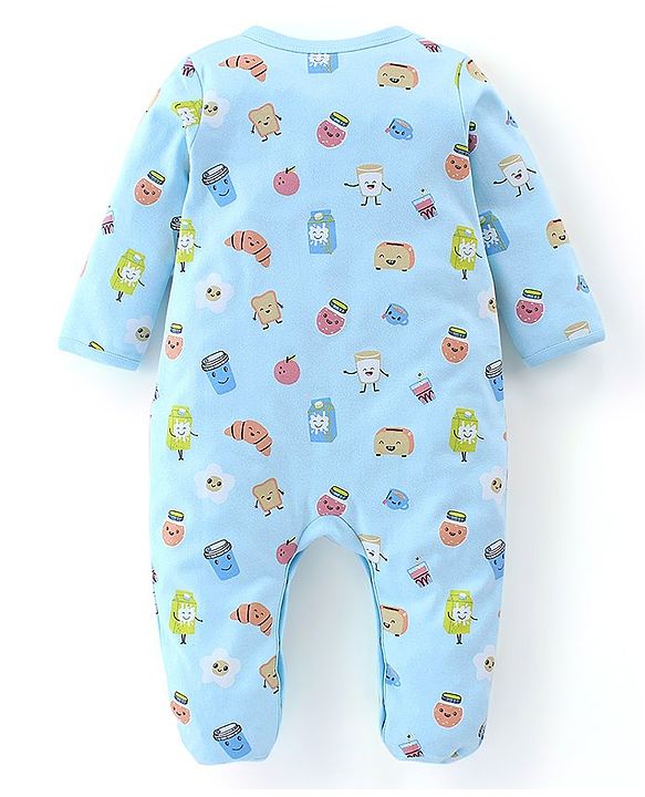 Babyhug Cotton Knit Full Sleeves Footed Sleepsuit Food Print - Light Blue