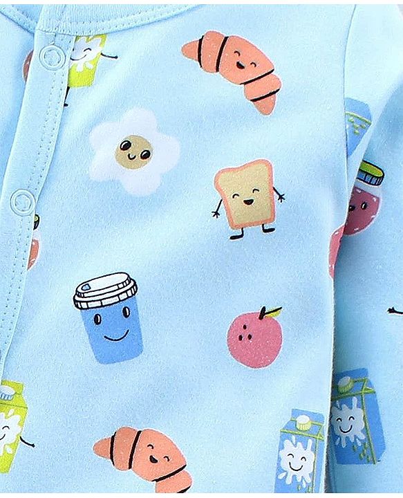 Babyhug Cotton Knit Full Sleeves Footed Sleepsuit Food Print - Light Blue
