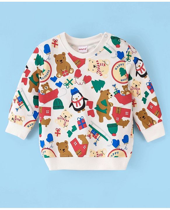 Babyhug Cotton Full Sleeves Sweatshirt With Bear & Penguin Print- Off White