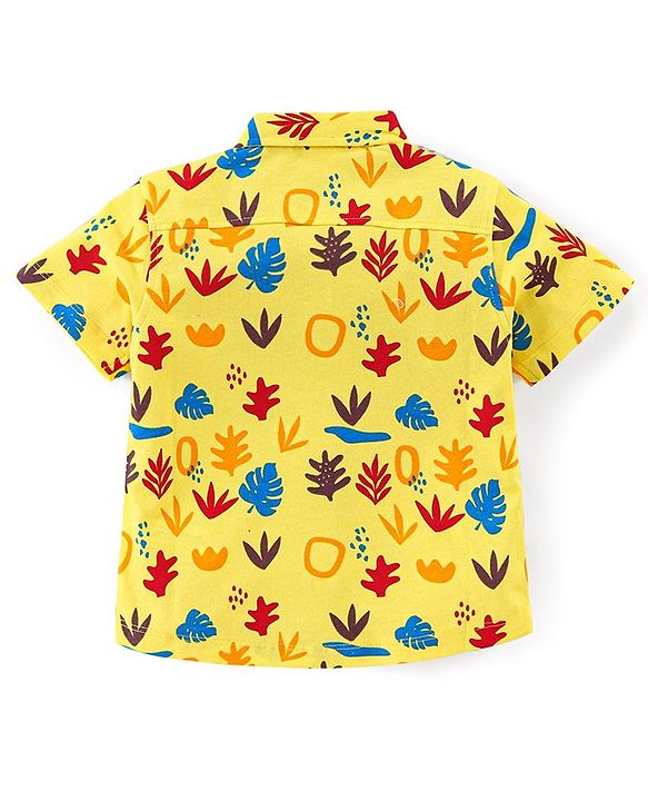 Babyhug Cotton Knit Half Sleeves Regular Collar Shirt Leaves Print- Yellow