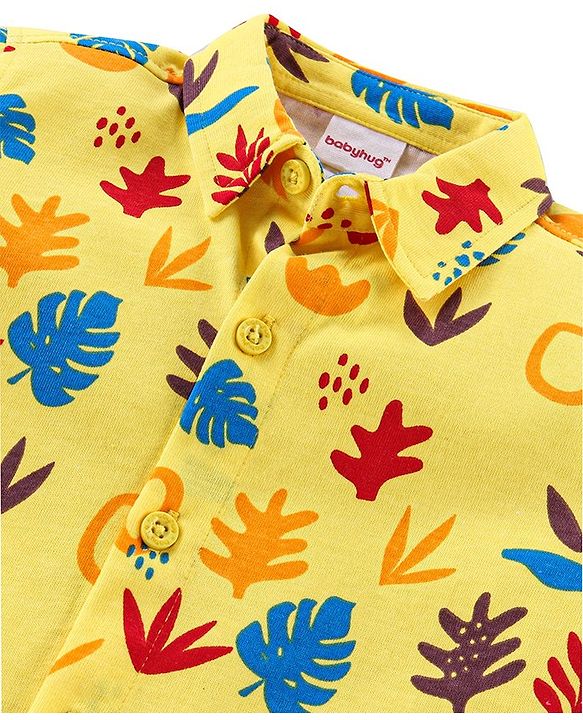 Babyhug Cotton Knit Half Sleeves Regular Collar Shirt Leaves Print- Yellow