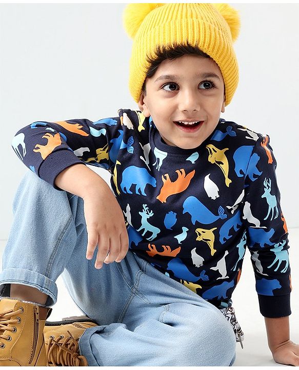 Babyhug Cotton Full Sleeves Sweatshirt Bear & Whale Print- Navy Blue