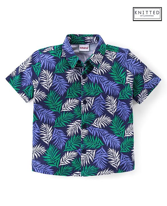 Babyhug Half Sleeves 100% Cotton Knitted Leaves Printed Shirt  - Blue